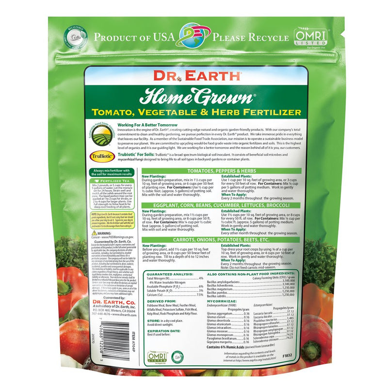 Dr. Earth Home Grown Premium Tomato, Vegetable & Herb Fertilizer 4-6-3 Green Poly Bag 4 Lb