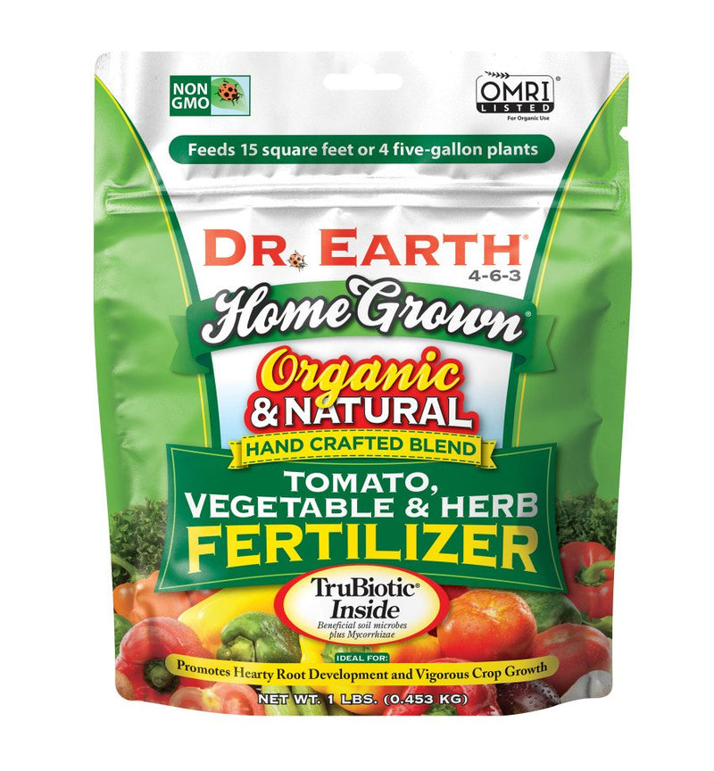 Dr. Earth Home Grown Premium Tomato, Vegetable & Herb Fertilizer 4-6-3 Green Poly Bag 1 Lb
